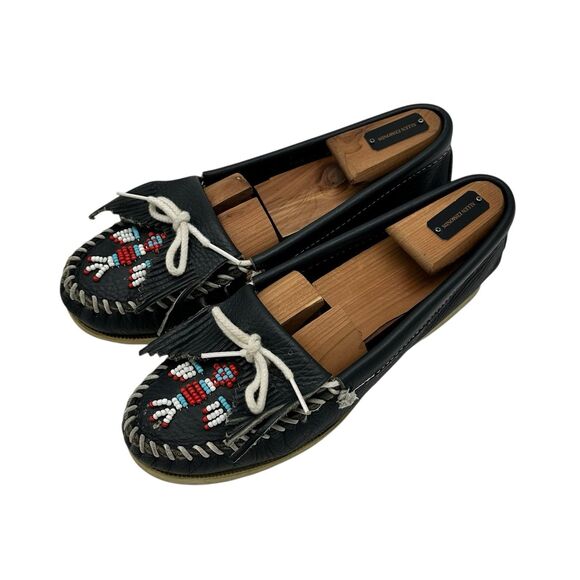Minnetonka Thunderbird Boat Moccasins Beaded Fringe 179 Leather Womens Sz 7 Blue - Picture 2 of 6